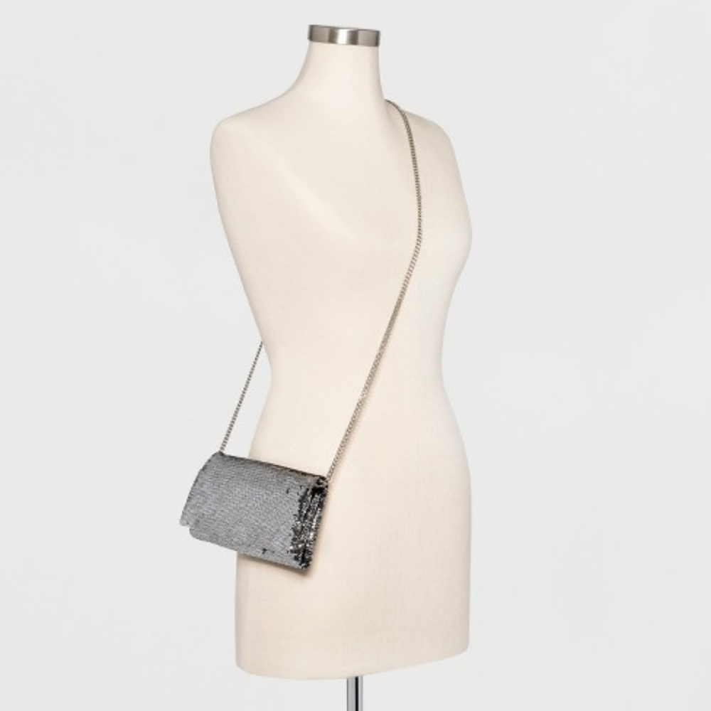 Mossimo Black & Silver Sequin Foldover Clutch Crossbody